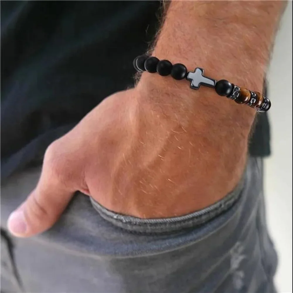 Mens Cross Bracelet Black Tiger Eye Beads Adjustable Christian Religious Gift